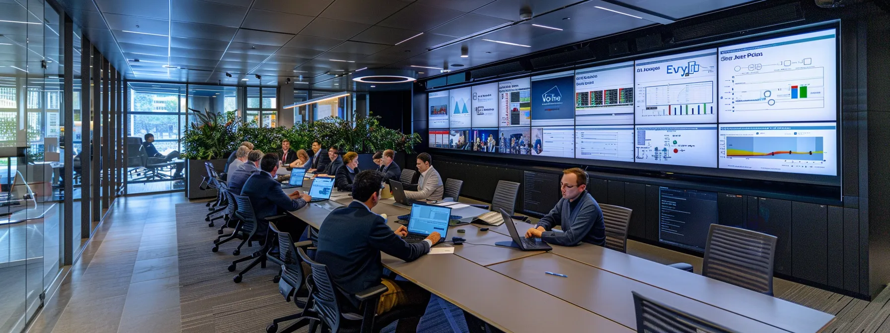 a modern office environment showcasing a team of analysts intently discussing data synchronization issues around a sleek conference table, with digital screens displaying flowcharts and error logs related to pr campaign tools and salesforce integration.