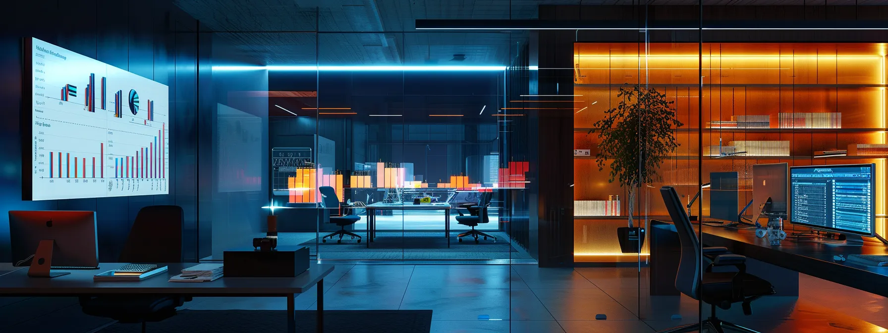 a modern office space is illuminated by soft artificial lighting, showcasing a sleek computer screen displaying an email authentication report with vibrant graphs and data metrics, symbolizing the meticulous testing process for email configurations in a dynamic mass outreach strategy.