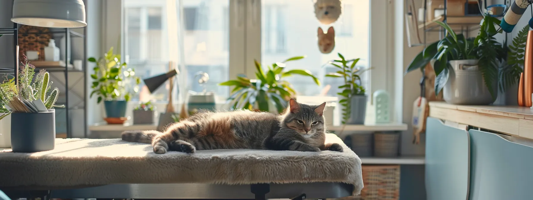 a serene and inviting grooming station is set up in a cozy, well-lit room, showcasing a calm cat comfortably resting on a plush grooming table, surrounded by soothing decor and grooming tools that emphasize a stress-free experience.
