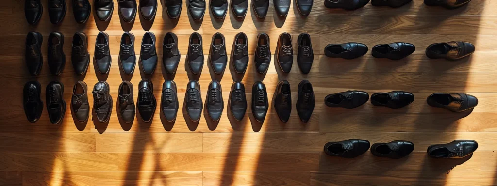 a sleek arrangement of various black leather shoe styles displayed on a modern, minimalist office backdrop, highlighting their elegant craftsmanship and versatility against a polished wooden floor.