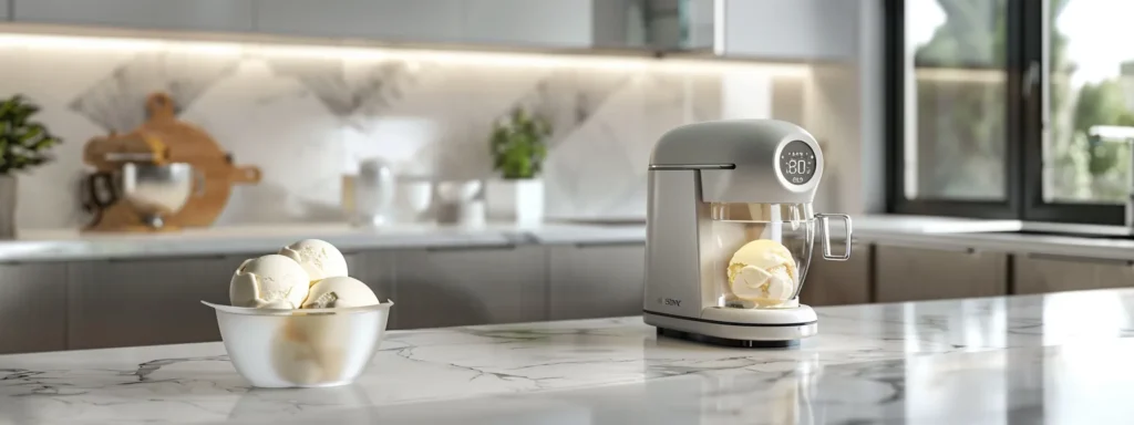 a sleek, modern kitchen with a polished countertop showcases an ice cream maker filled with frozen yogurt, the creamy texture perfectly visible, while a digital timer ticks down in the background, emphasizing the precision required for achieving the ideal consistency.