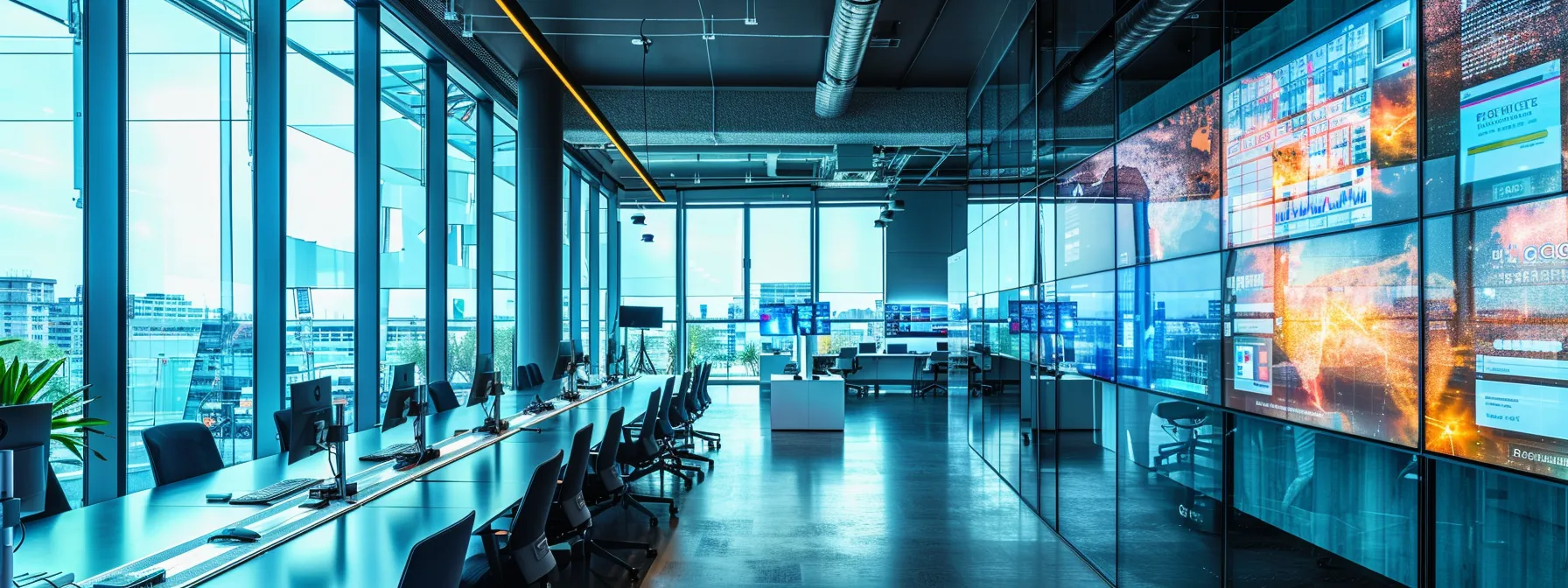 a sleek, modern office environment boasts vibrant digital screens displaying the diverse functionalities of ai agents, with a central focus on productivity-enhancing software like microsoft copilot, encapsulating the dynamic intersection of technology and efficiency.