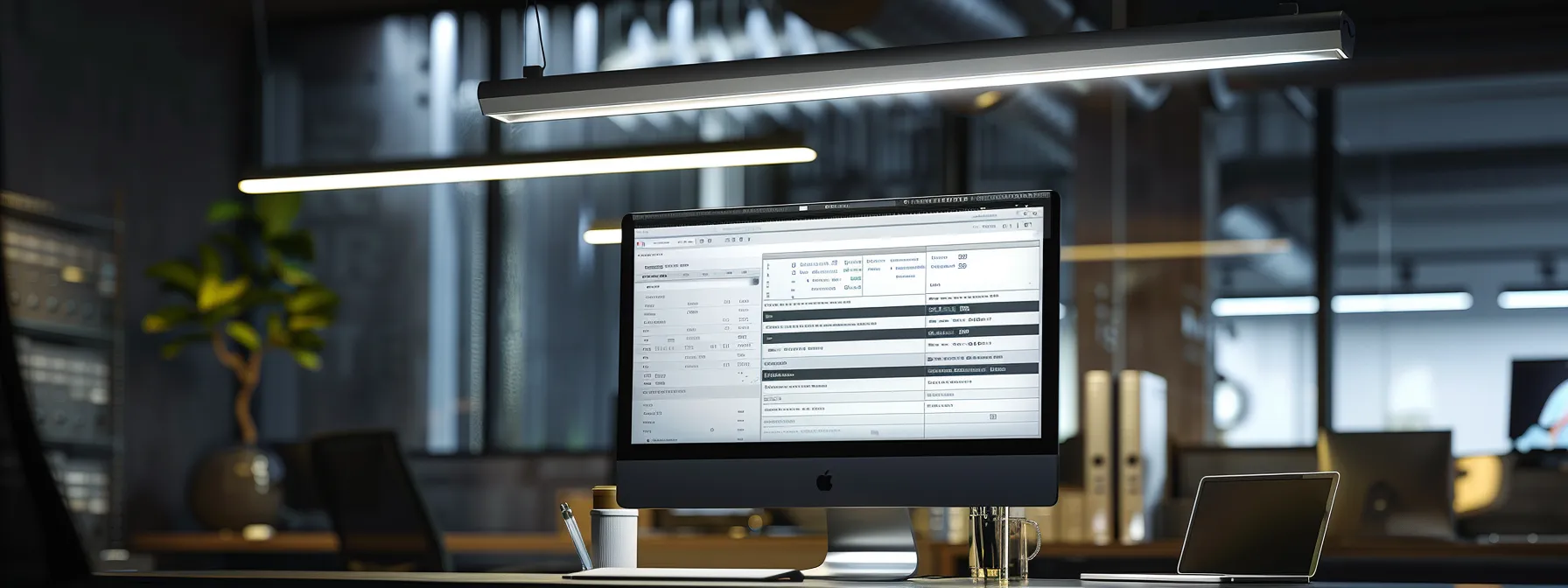 a sleek, modern office workspace is illuminated by overhead lights, showcasing a high-tech computer screen displaying an email client with organized settings and a well-structured email list, symbolizing efficiency in digital communication and outreach strategies.