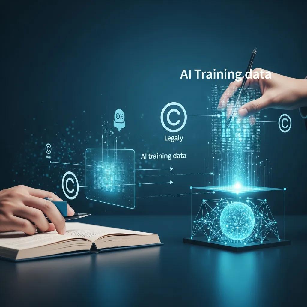Digital representation of AI training data processing with copyright symbols