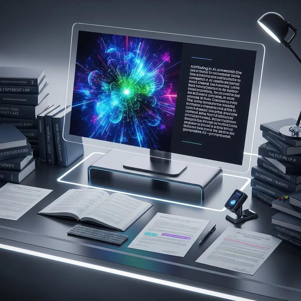 Futuristic workspace showcasing generative AI technology with art and legal documents